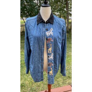 Denim Shirt With Zoo Animal Embroidery & Corduroy Collar L Y2K Woman Zebra